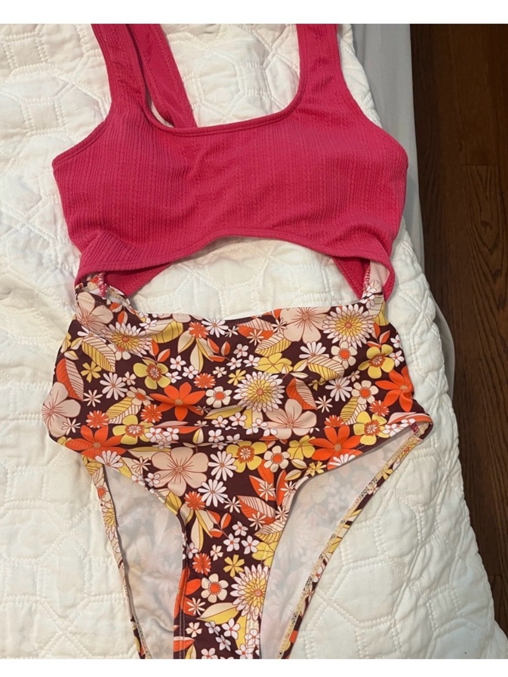 Floral High-Waist One-Piece - Pink Top & Multi Floral Bottom
